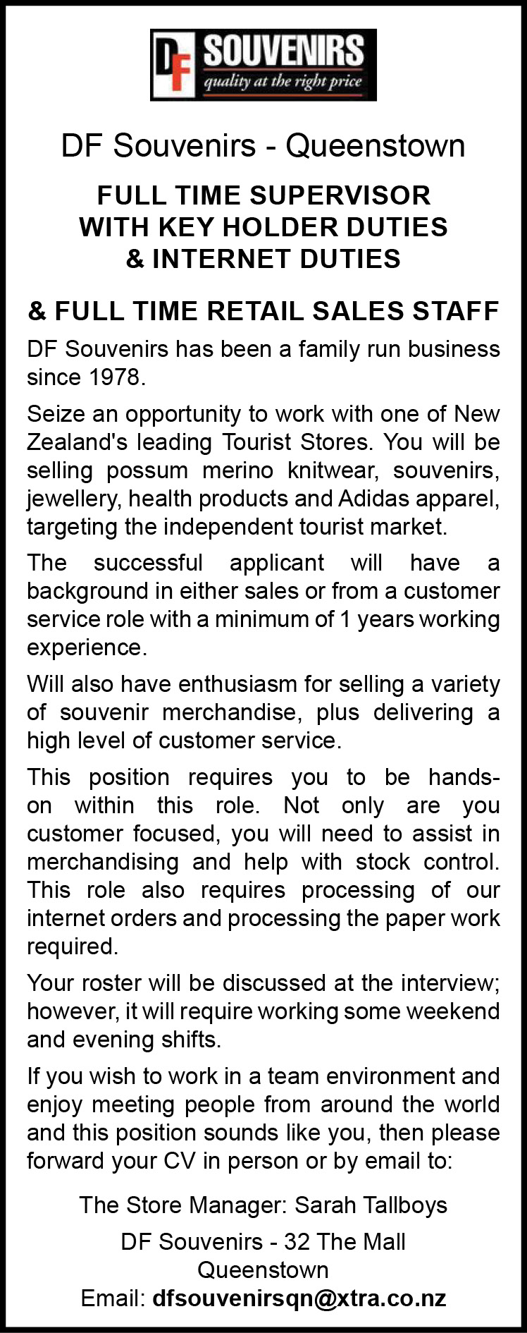 Full time Supervisor & Retail Sales Staff | JobFix