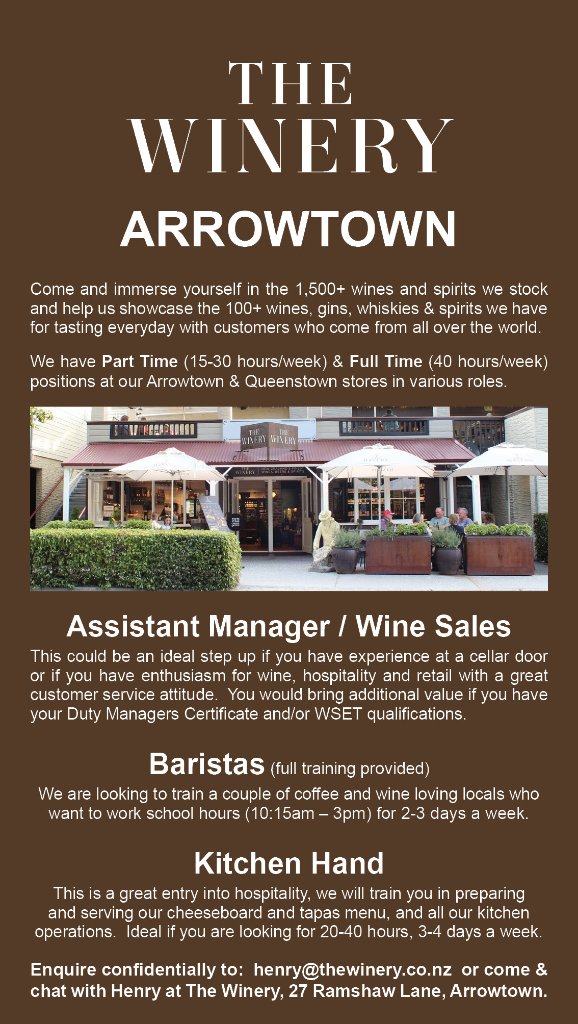 Arrowtown - Assistant Manager / Wine Sales - Baristas - Kitchen Hand |  JobFix